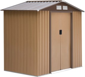 Abrigo de Jardim 213x130x185cm Abrigo de Jardim Metálico de Exterior com 2 Portas Deslizantes e 4 Janelas Castanho Claro