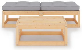 3 pcs conjunto lounge de jardim c/ almofadões pinho maciço