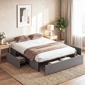 Cama com arrumação 140 x 190 cm (COLCHÃO NÃO INCLUIDO), estrutura de cama de casal estofada com 3 gavetas, base de ripas em LVL, silenciosa, cinzenta