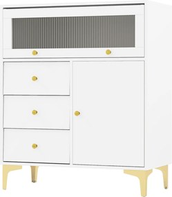 Cómoda de quarto moderna 80 x 40 x 95,5 cm com porta de vidro canelado rebatível e gavetas extraíveis Pernas metálicas branca