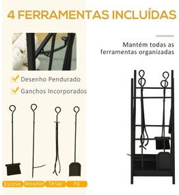 Suporte para Lenha de 2 Níveis Porta Lenha Exterior e Interior Metálico com 4 Ferramentas para Lareira Carga Máx. 70kg 44,5x29,x73 cm Preto