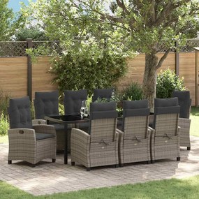 vidaXL Conjunto de Jantar de Jardim com 9 Peças e Almofadas - Rattan Poliéster Cinza