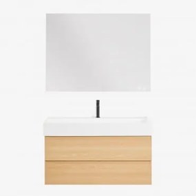 Conjunto De Móvel De Casa De Banho Suspenso Em Madeira E Folha De Freixo Com Lavatório Integrado Ona Madeira Natural & Retangular - Sklum