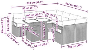 Conjunto de Sofá de Jardim com 9 Peças e Almofadas Cinza em Rattan