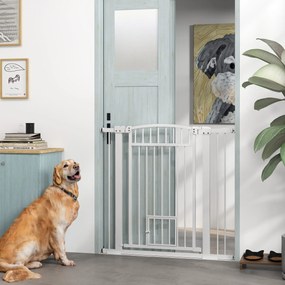 Barreira de segurança para cães com sistema de duplo bloqueio, montagem por pressão ou perfuração, largura 76-104 cm, branca