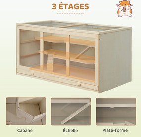 Gaiola para hamsters e gerbil, 2 níveis, teto abrível, janelas, casinha e 2 escadas, 115 x 57 x 55 cm, efeito de madeira natural