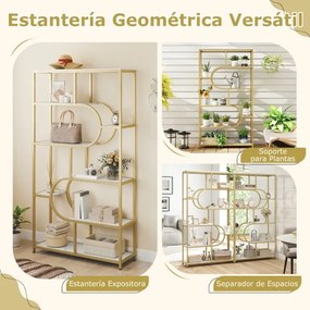 Estante de 8 prateleiras abertas 95 x 30 x 175 cm Design em forma de U Estrutura metálica Branca e Dourada