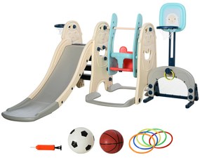 Parque infantil 5 em 1 escorrega balanço 2 cestas de basquete e gol de futebol para crianças acima de 1 ano 225x220x110 cm Multicolor