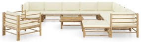 12 pcs conj. lounge jardim em bambu c/ almofadões branco nata