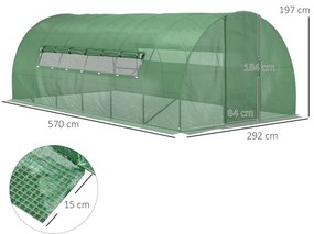 Outsunny Estufa Tipo Túnel 570x292x197cm com Porta e Janelas Estufa de Jardim Grande com Cobertura de PE e Metal Galvanizado para Cultivos de Plantas Verduras Verde