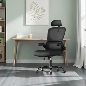 Cadeira de escritório ergonómica com tecido de malha e apoios de braços rebatíveis preta