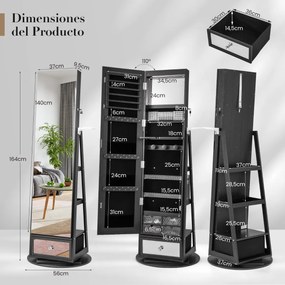 Armário para joias giratório em 360° com espelho, luzes LED, fechadura e prateleira traseira preta