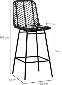 Conjunto de 2 bancos de bar de design boémio, com 66 cm de altura, com apoio para os pés em metal e rattan PE - preto