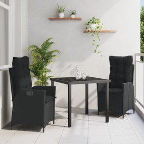 Conjunto de Jantar de Jardim 3 Peças com Almofadas Preto Vime Polímero