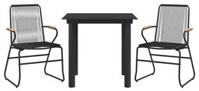 3 pcs conjunto de jantar para jardim vime PVC preto