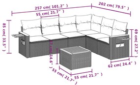 7 pcs conjunto sofás p/ jardim c/ almofadões vime PE cinzento