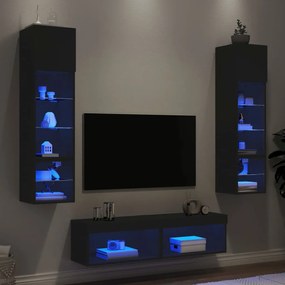 vidaXL 6pcs móveis de parede p/ TV c/ LEDs derivados de madeira preto