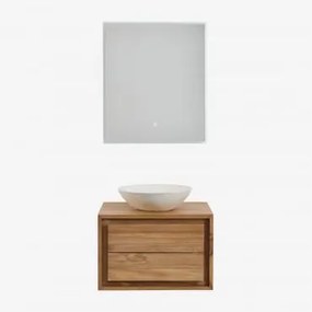 Conjunto De Móveis De Banheiro Em Madeira De Teca Jabari Madeira De Teca & Cimento Redondo Branco Ø40 Cm Zavion & Led Retangular - Sklum