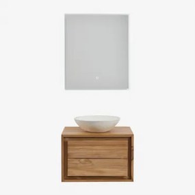 Conjunto De Móvel De Casa De Banho Suspenso Em Madeira De Teca Jabari Madeira De Teca & Cimento Redondo Branco Ø40 Cm Zavion & Led - Sklum