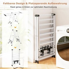 Estendal dobrável com braços ajustáveis 163 x 56 x 99–158 cm, pinças para meias e prateleira para sapatos, secador de roupa extensível branco