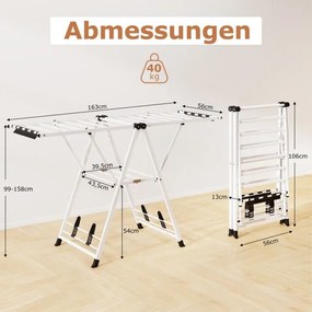 Estendal dobrável com braços ajustáveis 163 x 56 x 99–158 cm, pinças para meias e prateleira para sapatos, secador de roupa extensível branco