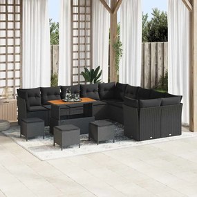Conjunto de Sofá de Jardim vidaXL com 14 Peças e Almofadas Preto Rattan Sintético Acácia