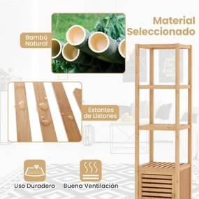 Armário de arrumação em bambu com 140 cm de altura, 4 prateleiras abertas e porta de correr natural