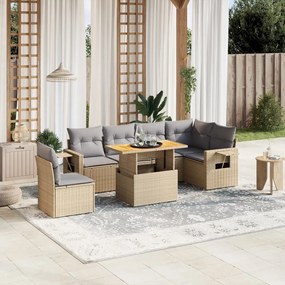 7 pcs conjunto de sofás p/ jardim com almofadões vime PE bege