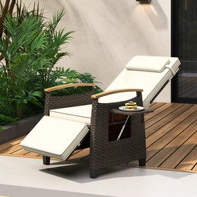 Poltrona jardim de rattan com encosto e apoio para os pés ajustáveis, mesinha rebatível, apoio para a cabeça removível, braços em madeira de acácia, t
