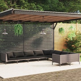 vidaXL 9 pcs conj. lounge jardim c/ almofadões vime PE cinzento-escuro