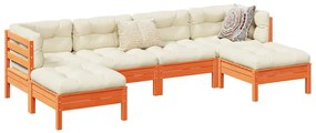 6 pcs conj. sofás jardim almofadões pinho maciço castanho cera