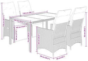 5 pcs conjunto de bistrô para jardim c/ almofadões vime PE bege