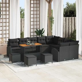 Conjunto de Sofás de Jardim vidaXL de 13 Peças com Almofadas Preto Polirattan Acácia