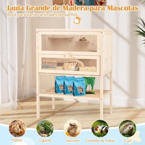Gaiola  para hamsters, de 80 cm com teto de malha rebatível, escada múltipla, rampa, prateleira inferior, painel acrílico e porta castanha
