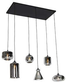 Candeeiro de suspensão Art Deco preto com vidro fumê 6-luzes - Wallace