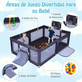 Parque infantil grande e seguro 207 x 145 x 68 cm com cesto de basquetebol e redes de futebol, argolas para lançar e bolas oceânicas, portas cinza esc