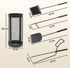 Conjunto para Lareira de 5 Peças em Metal com Escova, Pá, Tenaz, Atiçador e Suporte Ø16 x 33,5 cm Preto