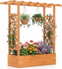 Floreira de jardim elevada em madeira com treliça 110 x 35 x 114 cm, teto suspenso, orifícios de drenagem, abeto, para plantas trepadeiras Laranja