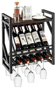 Garrafeira Porta-garrafas de vinho montado na parede Garrafeira com porta-garrafas 2 camadas 3 filas de suportes de cozinha 51 x 26,5 x 60 cm Castanho