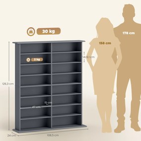 Organizador para CD e DVD 106,5 L x 24 P x 126,3 A cm com 16 compartimentos e 12 prateleiras ajustáveis, capacidade máxima de 720 CD/396 DVD e Blu-ray
