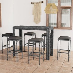 vidaXL 7 pcs conjunto de bar p/ jardim c/ almofadões vime PE cinzento