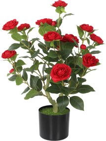 Planta Artificial de Camélia 65 cm com Flores Realistas de Seda 116 Folhas e Efeito de Musgo Vermelho
