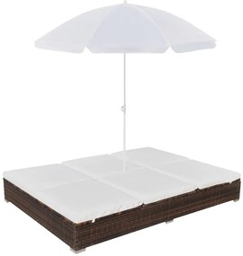 Espreguiçadeira de exterior com guarda-sol vime PE castanho