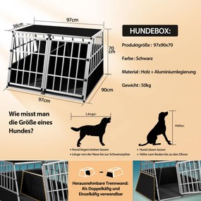 Caixa de transporte para cães em alumínio modelo XXL 97 x 90 x 70 cm Prateado + Preto