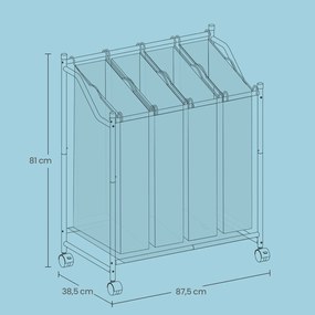 Cesto para roupa suja com rodas, 4 x 35 L, com 4 sacos removíveis 87,5 x 38,5 x 67/81 cm Bege