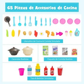 Cozinha para crianças a partir dos 3 anos com 65 acessórios , luzes e sons realistas para crianças 45 x 26 x 79 cm Rosa