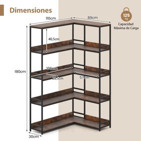 Estante de canto 110 x 89 x 180 cm com 5 níveis, 10 compartimentos abertos e protetor com pés para sala Castanha