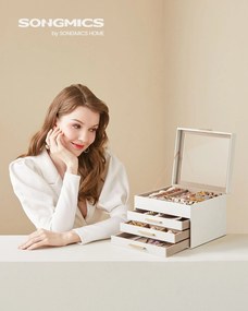 Caixa para joias de 4 níveis com tampa de vidro 20,3 x 23,1 x 16,5 cm Ideia para presente Branco-nuvem e dourado