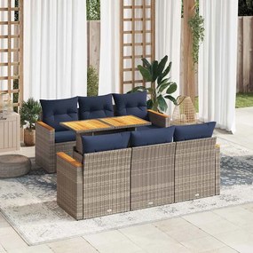 7 pcs conjunto sofás p/ jardim c/ almofadões vime PE cinzento
