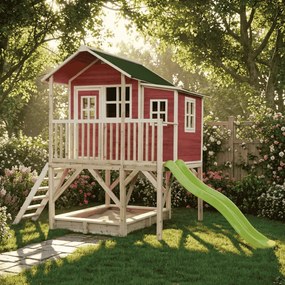 Casa de brincar infantil exterior para crianças Loft 550 em madeira com escorrega e caixa areia - Vermelha